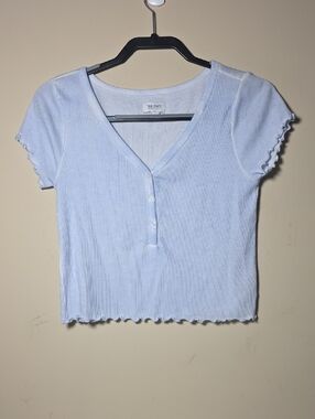 True Craft Pale Blue Ribbed V-Neck Henley Crop Top